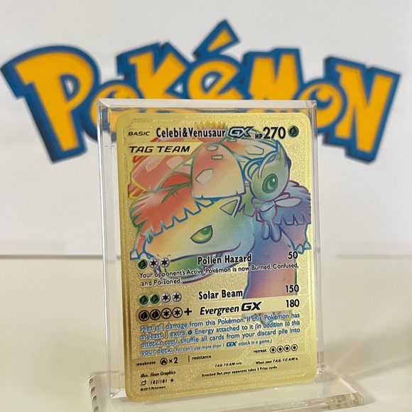 Pokémon Celebi & Venusaur GX 182/181 Full Art Rainbow Team Up Metal Gold Card - Picture 2 of 3